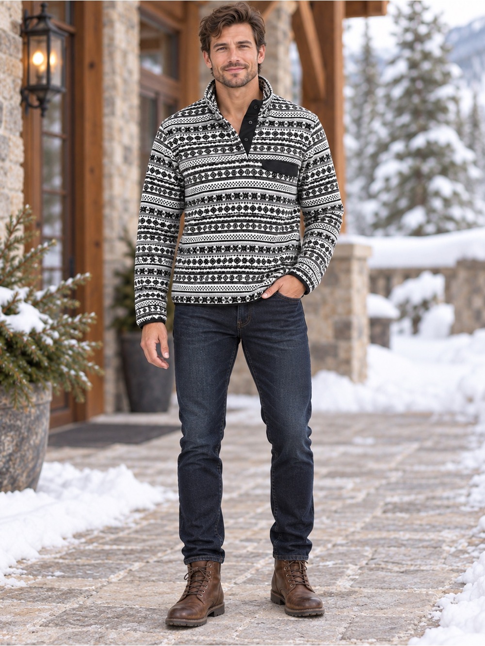 JACHS Cabin Men’s S Fair Isle Nordic Fleece Snap Pullover Jacket Unisex